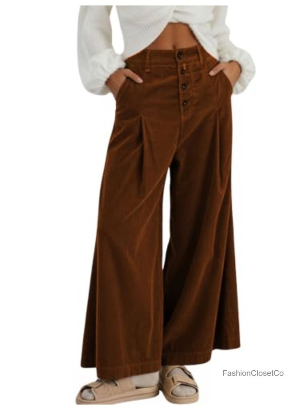 Corduroy Wide Leg Pants Button Front High Waisted Trousers